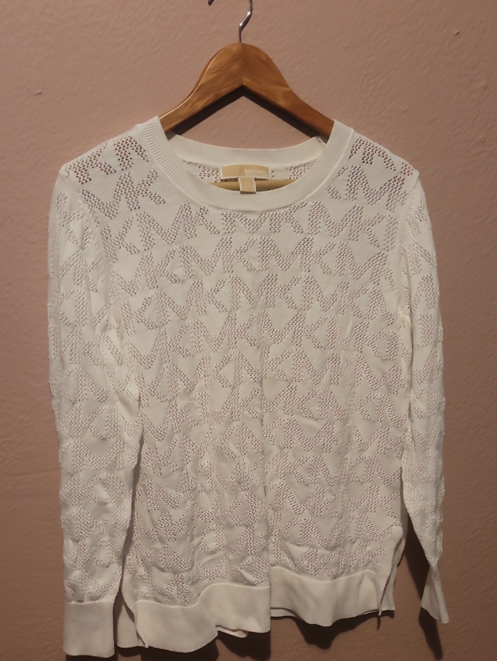Michael Kors White Open-Knit Logo Crewneck Sweater